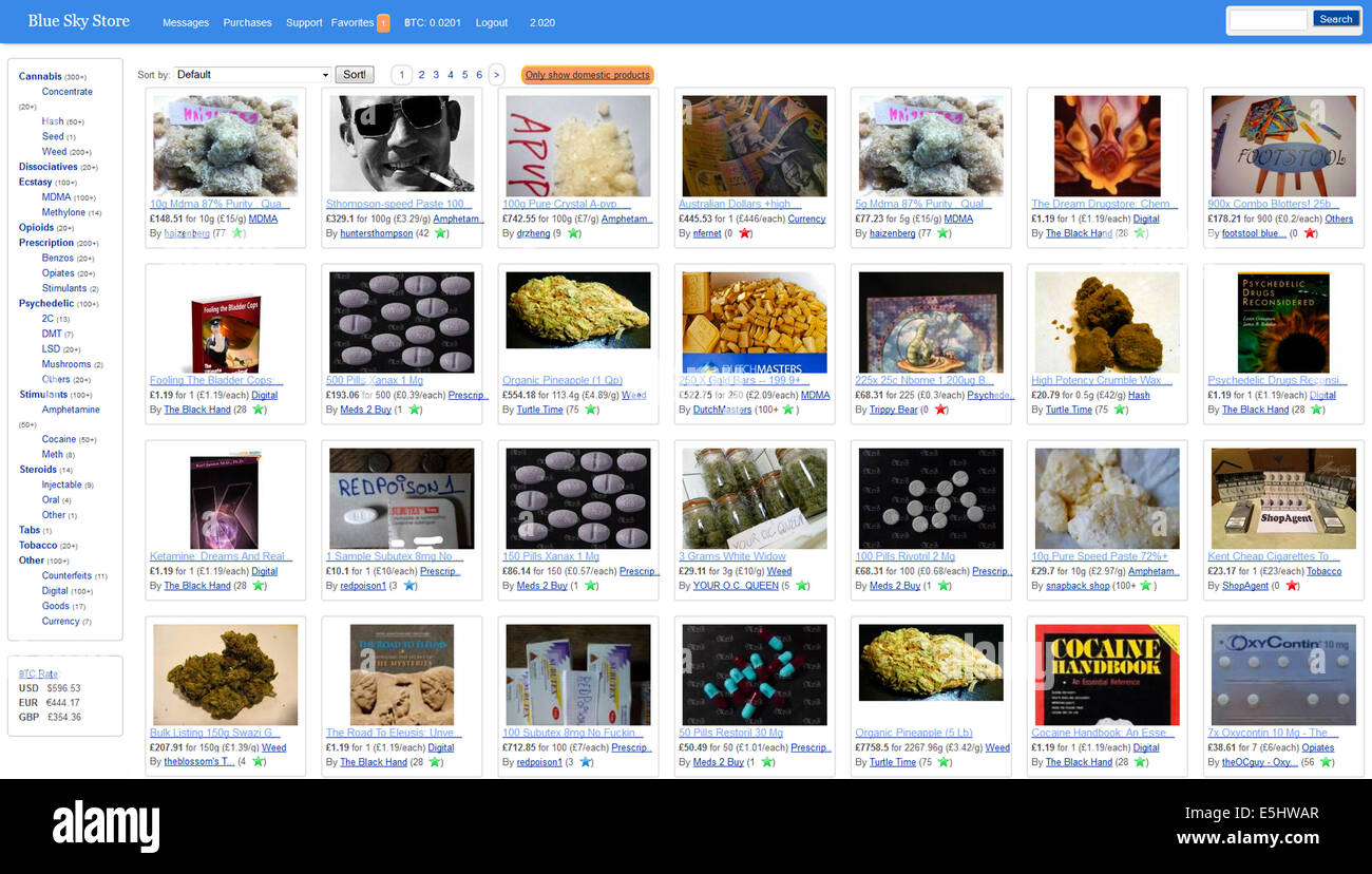 Blue Sky Store online marketplace per traffico illecito di merci (farmaci, contraffazioni) accessibili sulla darknet (rete Tor). Blue Sky Store online marketplace per traffico illecito di merci (farmaci, contraffazioni, armi). Questo sito è stato sequestrato dal FBI e Europol durante il funzionamento Onymous il 6 novembre 2014. Foto Stock