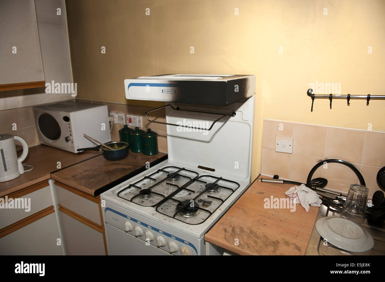 Chip Pan fuoco fornello da cucina bruciato cucina rescue Foto Stock