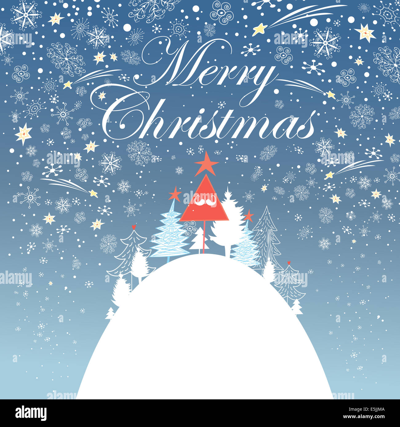Scheda grafica con il nuovo anno gli alberi su uno sfondo blu con i fiocchi di neve Foto Stock