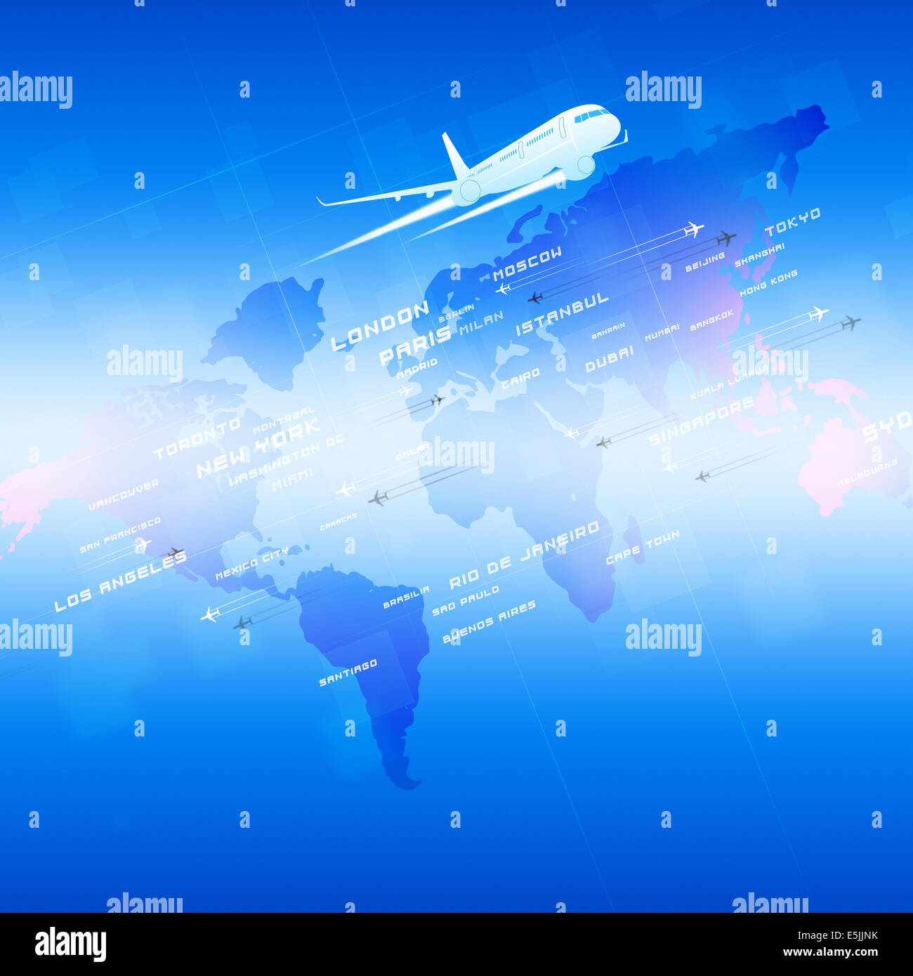 Globali in materia di aviazione sfondo con aerei e i nomi di città su una mappa Foto Stock