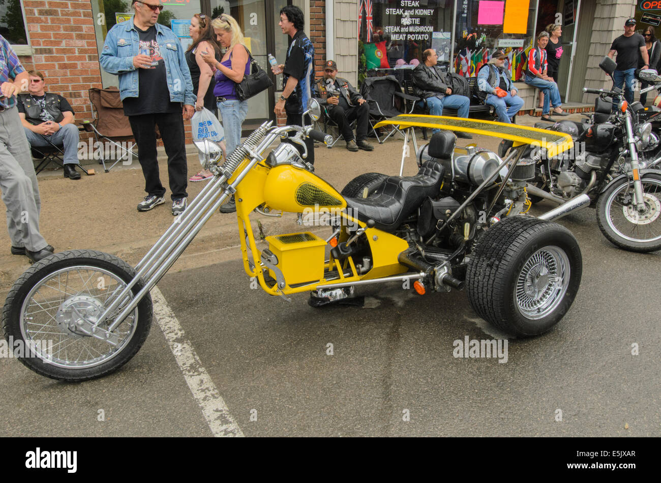 Motocicli di ogni forma e dimensione come questo altamente personalizzato può essere trovato al 'venerdì il tredicesimo' motorcylce rally nel porto di Dover, Ontario, Canada. Foto Stock