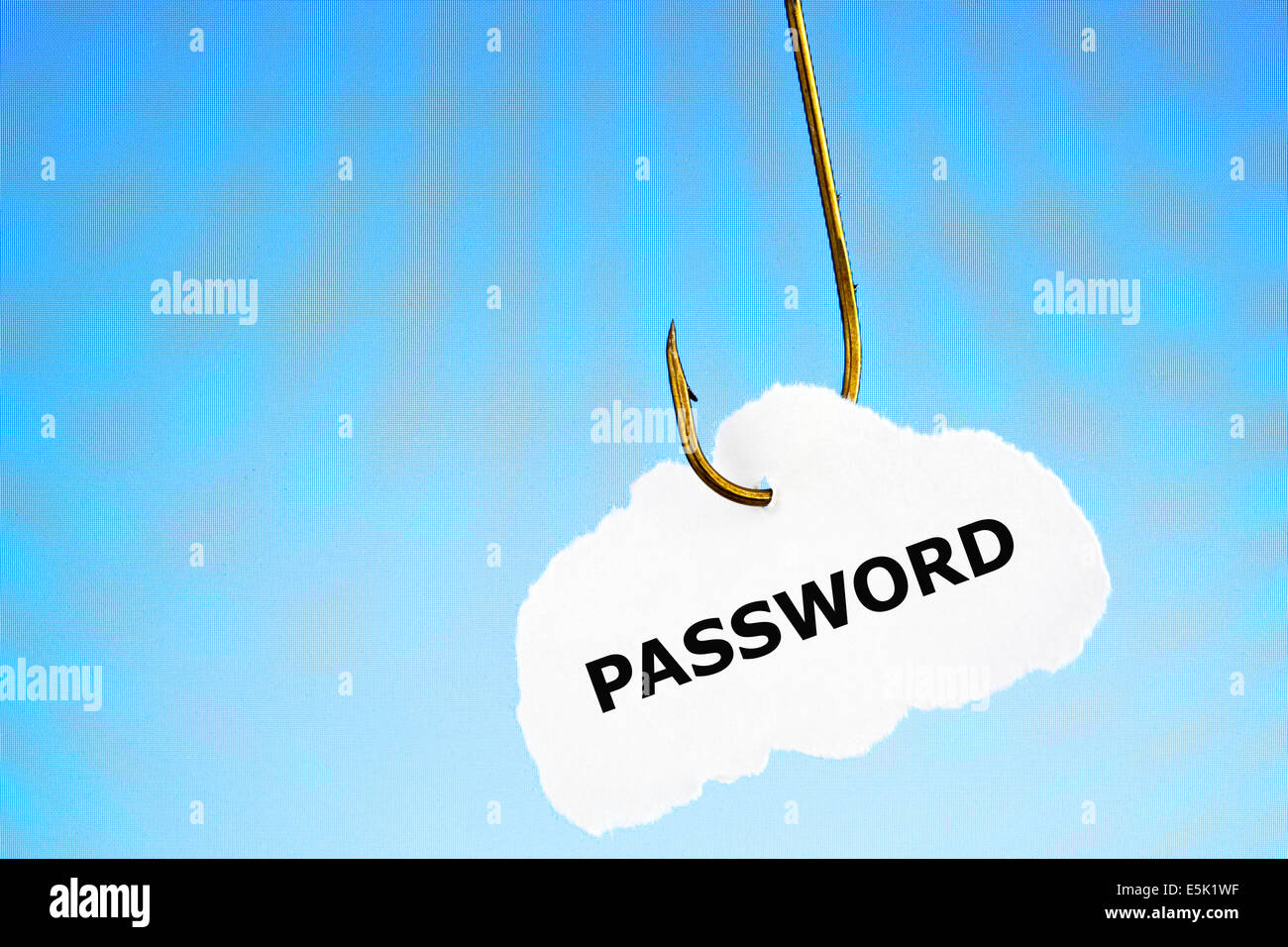 Password stampata su un pezzo di carta agganciata su un amo da pesca infront di visualizzazione sul computer. Il Phishing e protezione dei dati concetto. Foto Stock