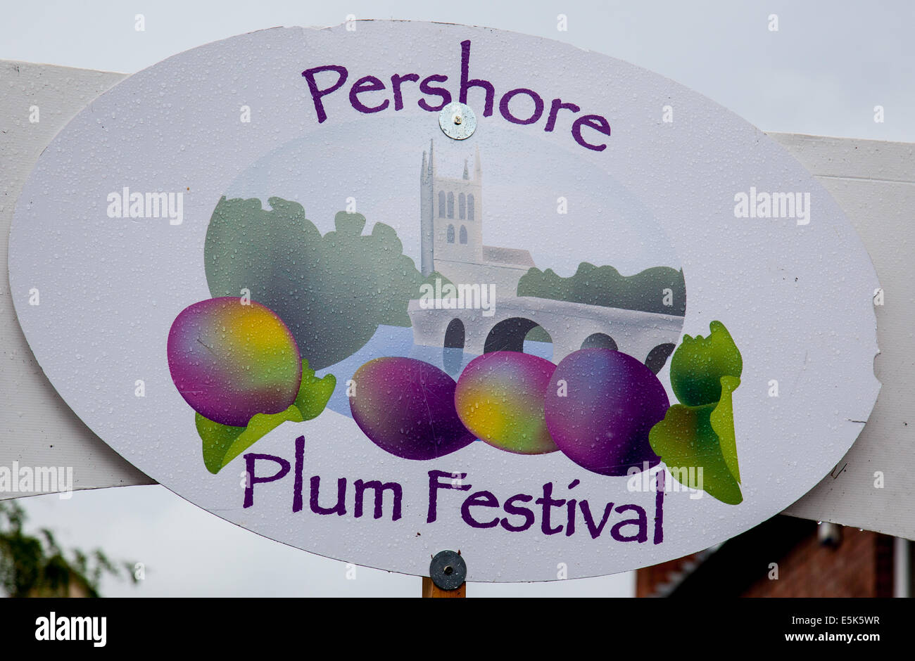 Pershore prugna Festival logo, Pershore, Worcestershire, Inghilterra Foto Stock