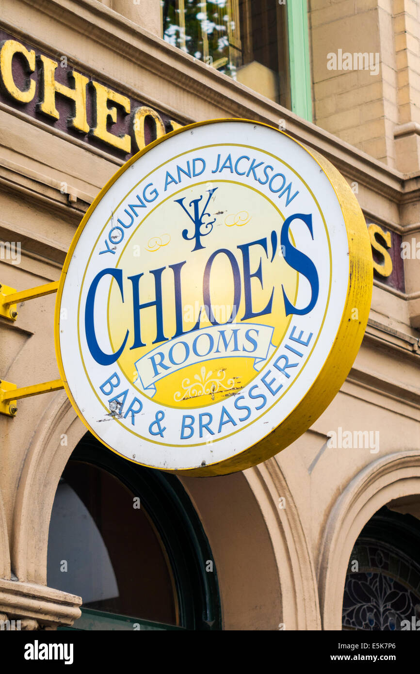 Melbourne Australia, Flinders Street, Young & Jackson Bar & Brasserie, Chloe's Rooms, cartello, fronte, pub, AU140322024 Foto Stock