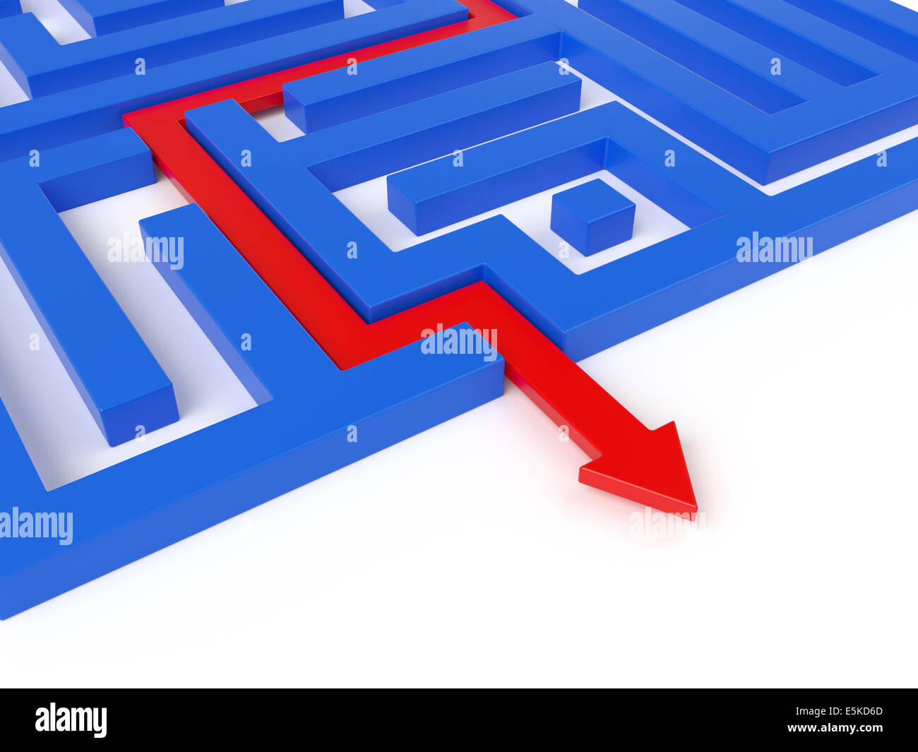 Freccia rossa percorso attraverso il labirinto di colore blu. Concetto di successo Foto Stock