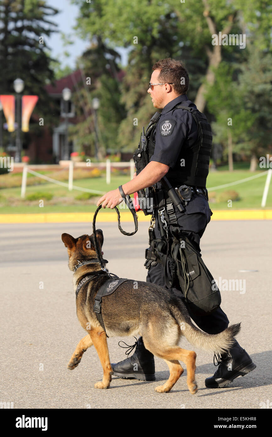 Un canino officer presso il rifugio Al Tramonto Cerimonia presso il Royal Canadian polizia montata (GRC) Magazzino di Regina, Saskatchewan. Foto Stock