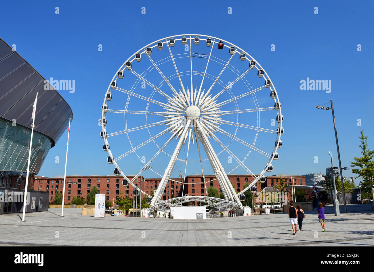 Il Liverpool occhio ruota panoramica Ferris presso la Albert docks complesso in Liverpool, Regno Unito Foto Stock