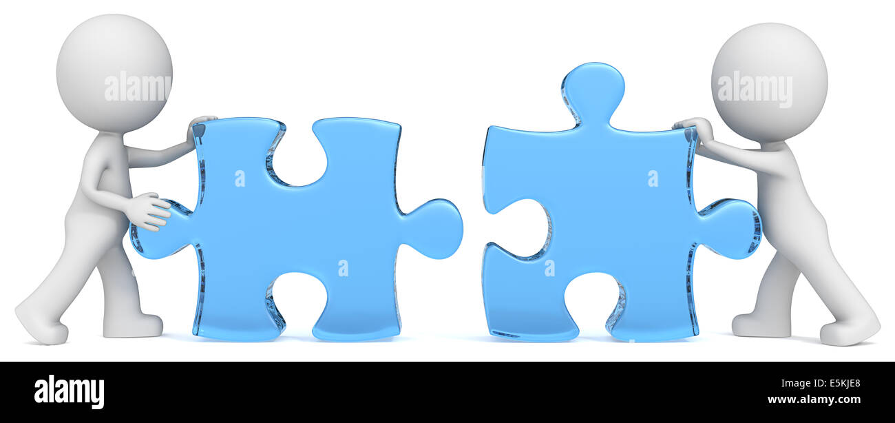 Dude i partner x 2 mettendo in vetro blu i pezzi del puzzle insieme. Foto Stock