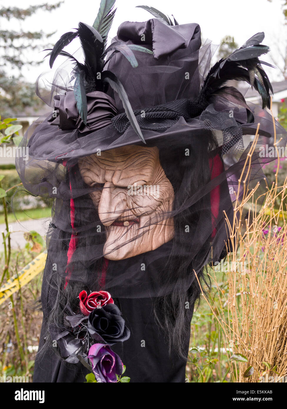 Bambina in costume strega seduta da anteriore a posteriore su una scopa  Foto stock - Alamy