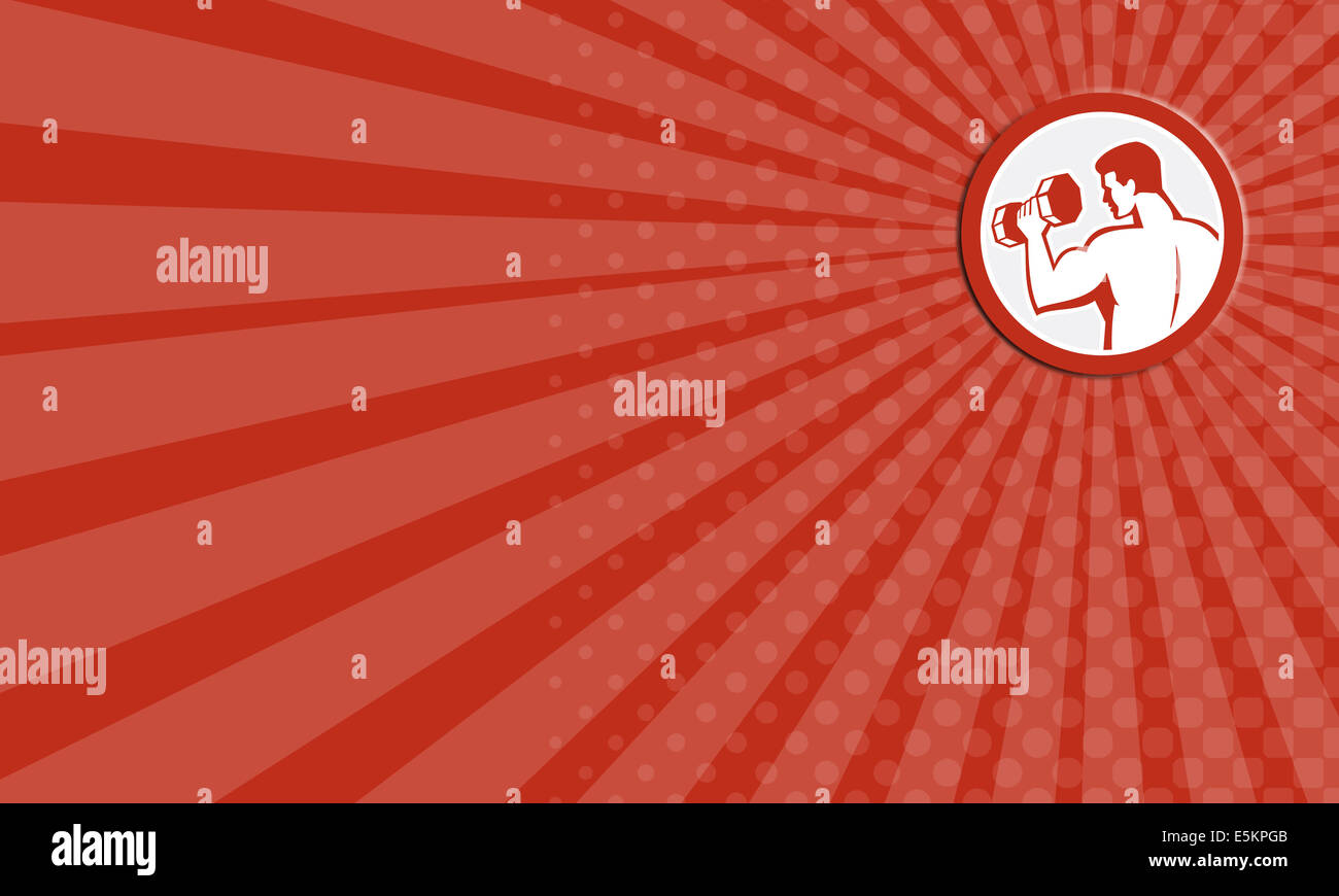 Business card mostra illustrazione di un uomo di sollevamento di peso dumbbell fitness training set cerchio interno isolato su sfondo bianco fatto in stile retrò. Foto Stock