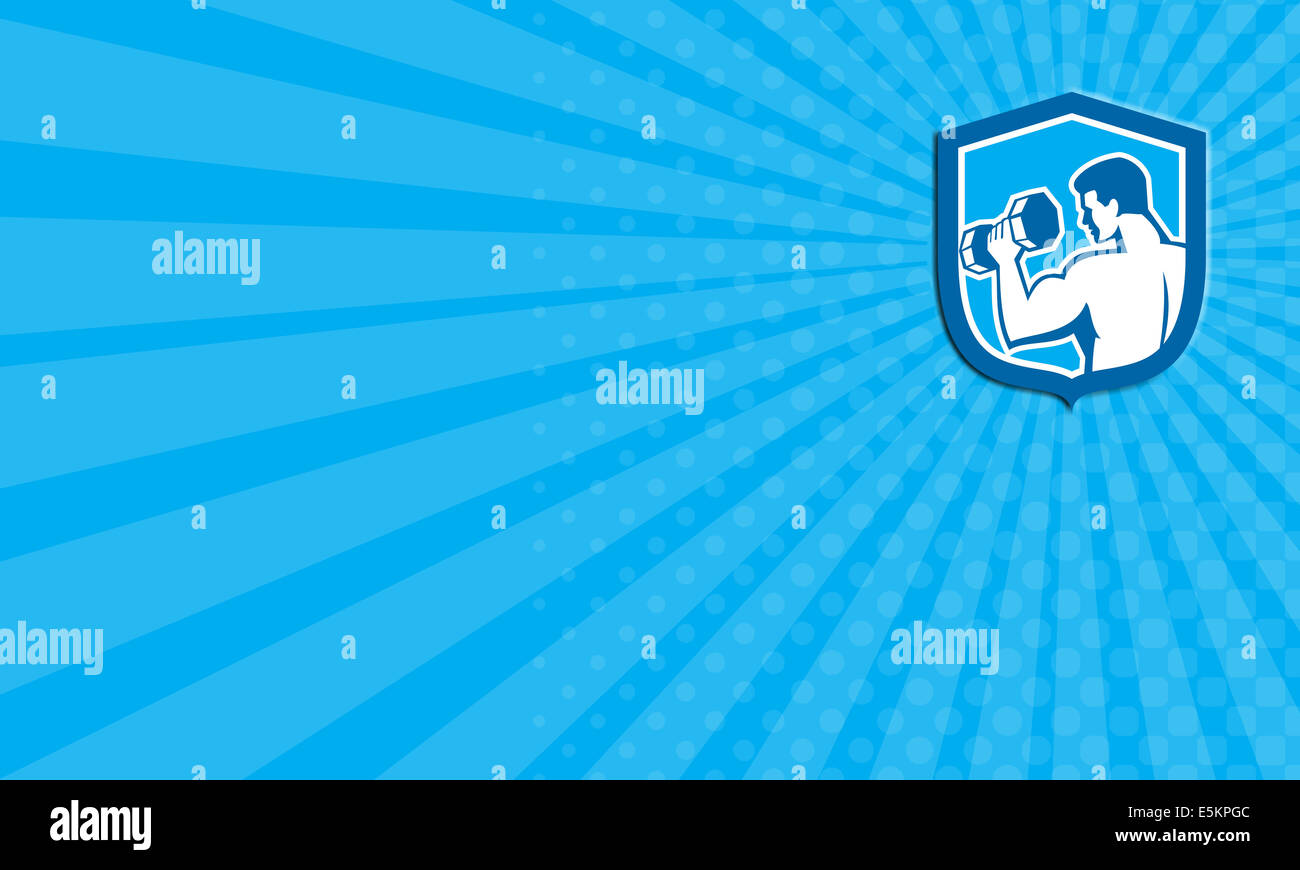 Business card mostra illustrazione di un uomo di sollevamento di peso dumbbell training set all'interno della protezione crest fatto in stile retrò su sfondo isolato, Foto Stock