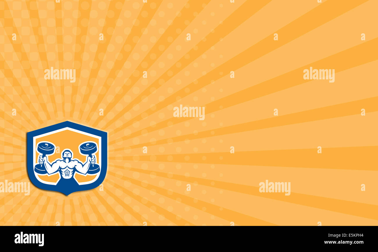 Business card mostra illustrazione di un uomo di sollevamento pesi manubri fitness fisico training set all'interno della protezione cresta su sfondo isolato fatto in stile retrò. Foto Stock