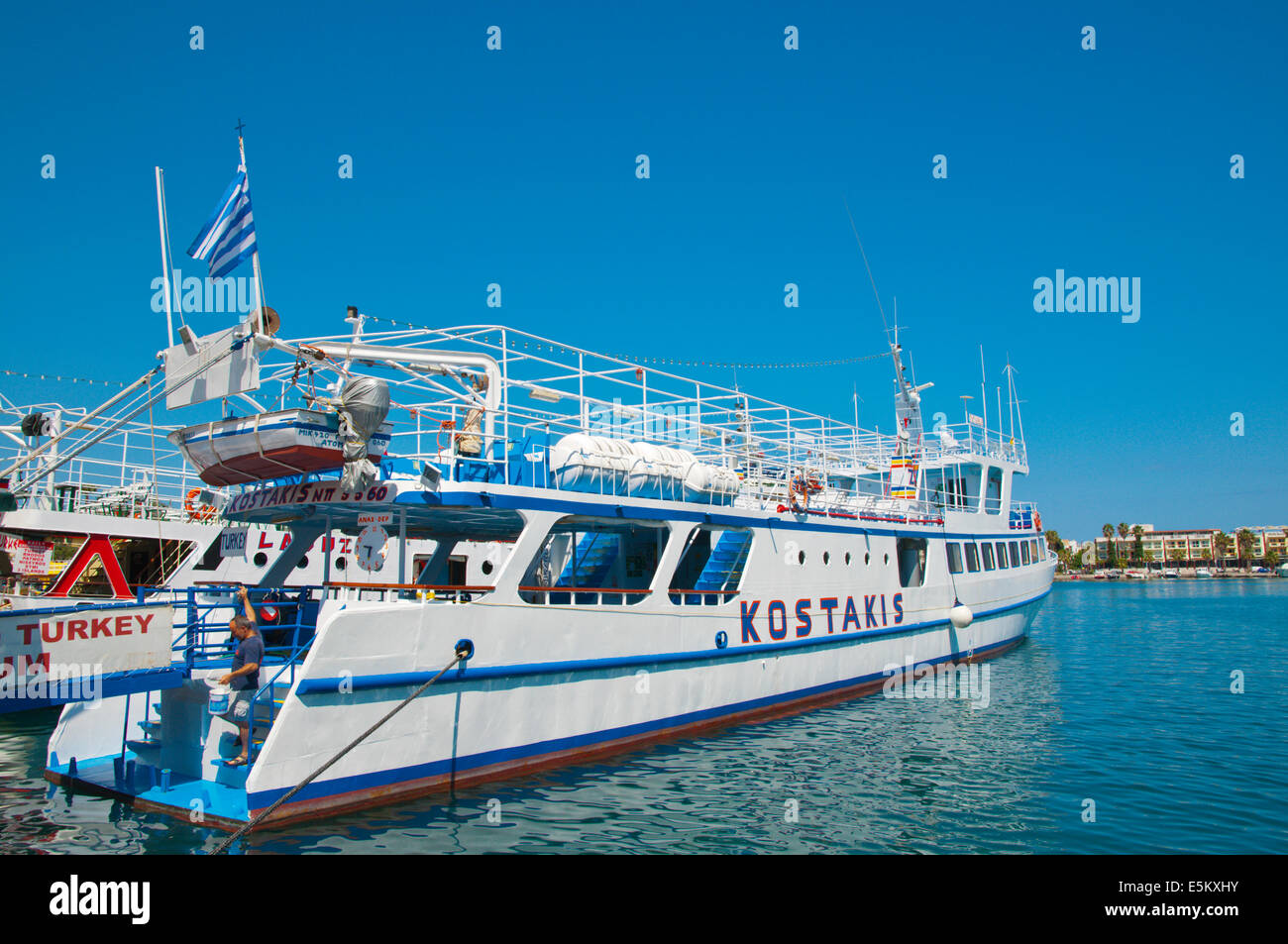 Una barca privata a Bodrum, porto, la città di Kos, isola di Kos, Dodecanneso isole, Egeo meridionale regione, Grecia, Europa Foto Stock