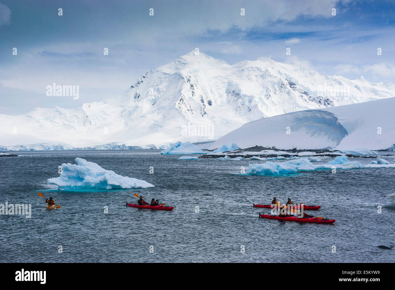 Kayakers paddling vicino a Port Lockroy, Wiencke, Palmer arcipelago, Antartide Foto Stock