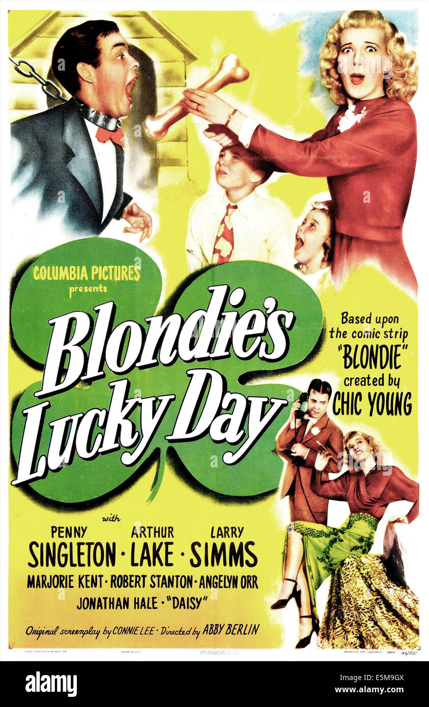 BLONDIE il giorno fortunato, noi poster, da sinistra: Arthur Lago, Larry Simms, Marjorie Kent (aka Marjorie Ann Mutchie), Penny Singleton, Foto Stock