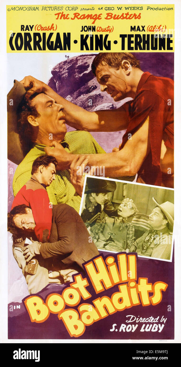 BOOT HILL banditi, noi poster, parte superiore da sinistra: Glenn strano, Ray Corrigan, Max Terhune (nella casella a destra), 1942 Foto Stock