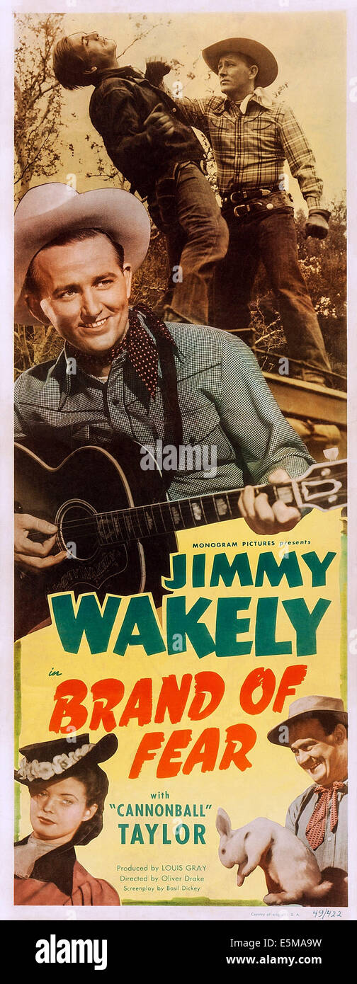 Marca di paura, noi poster, Jimmy Wakely (centro), in basso da sinistra: Gail Davis, Dub Taylor, 1949 Foto Stock