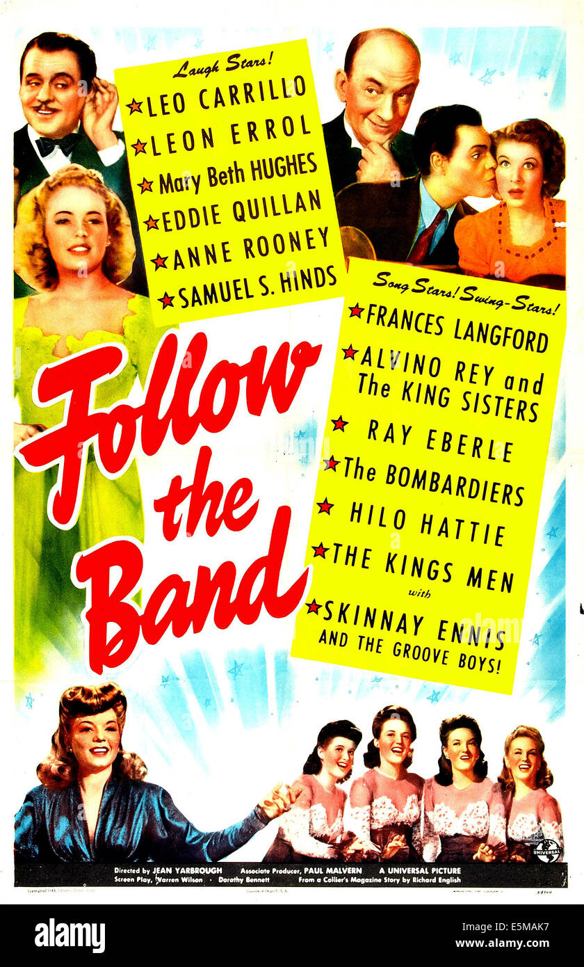 Seguire la band, noi poster, in alto a sinistra: Leo Carrillo, Mary Beth Hughes, in alto a destra da sinistra: Leon Errol, Eddie Quillan, Jean Foto Stock