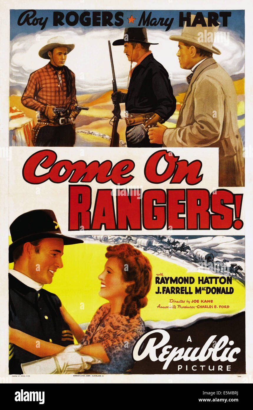Vieni su, RANGER, in alto a sinistra: Roy Rogers, fondo l-r: Roy Rogers, Maria Hart sulla locandina, 1938 Foto Stock