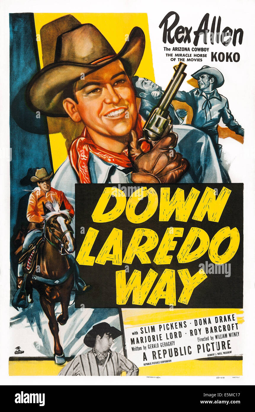 Discesa modo LAREDO, noi poster, Rex Allen (cavallo e la pistola), Slim Pickens (fondo), 1953 Foto Stock