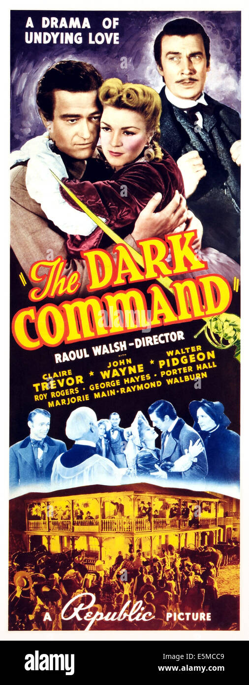 Il comando di scuro, l-r: John Wayne Claire Trevor, Walter Pidgeon su inserto poster, 1940 Foto Stock