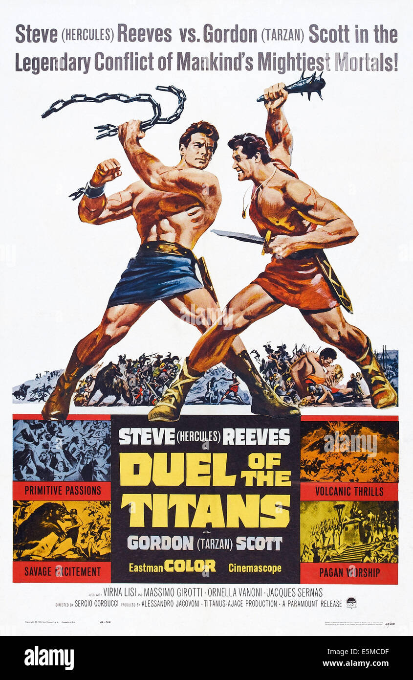 Duello di titani, (aka Romolo e Remo), da sinistra: Steve Reeves, Gordon Scott su locandine, 1961 Foto Stock