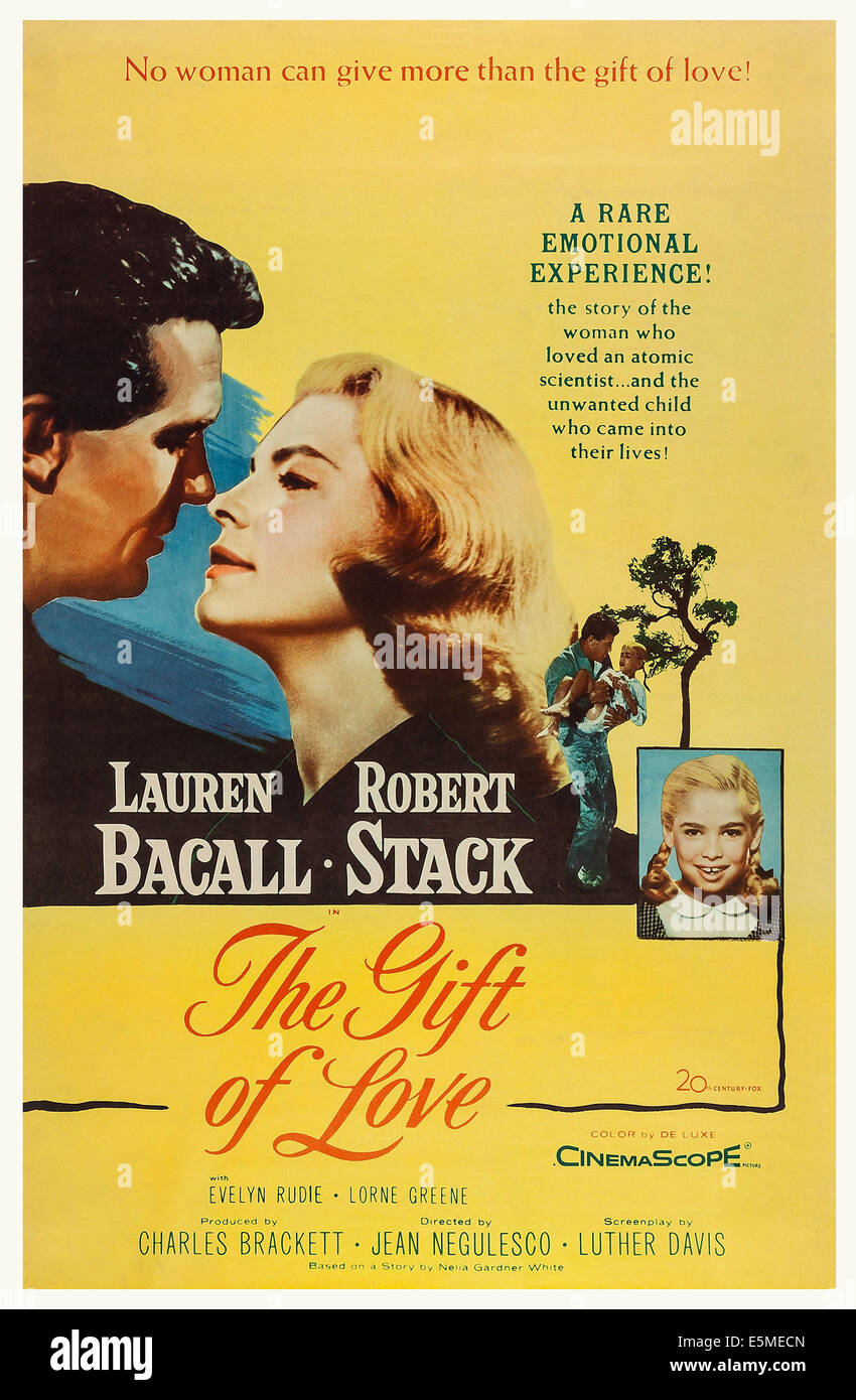 Il dono di amore, noi locandina, da sinistra: Robert Stack, Lauren Bacall, Evelyn Rudie, 1958. TM & Copyright © XX Century Fox Foto Stock