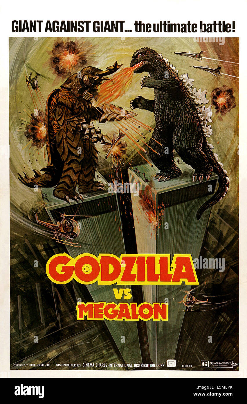 GODZILLA VS. MEGALON, (aka GOJIRA TAI MEGARO), l-r: Megalon, Godzilla sulla locandina, 1973 Foto Stock