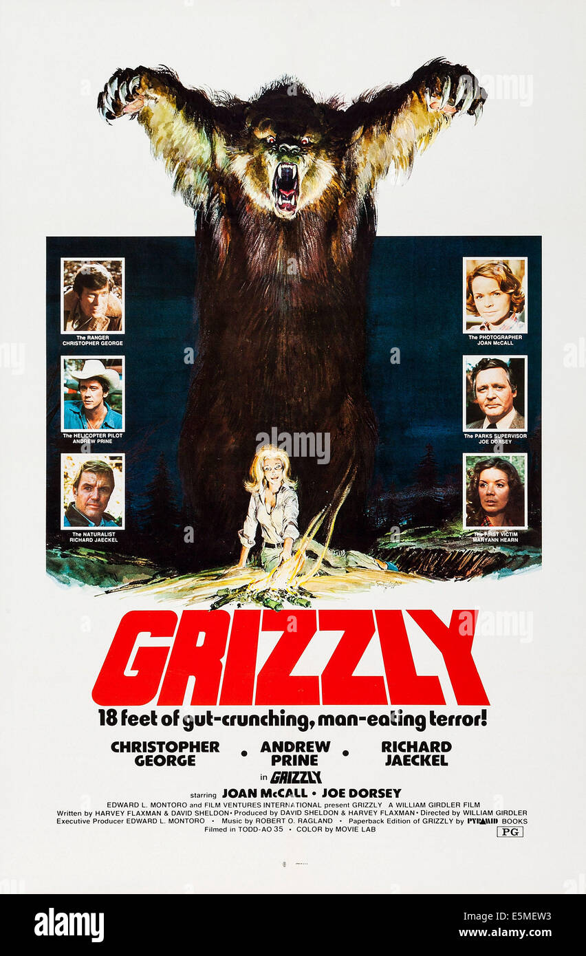 GRIZZLY, noi poster, sinistra dall'alto: Christopher George, Andrew Prine, Richard Jaeckel, dal top: Joan McCall, Joe Dorsey, Foto Stock
