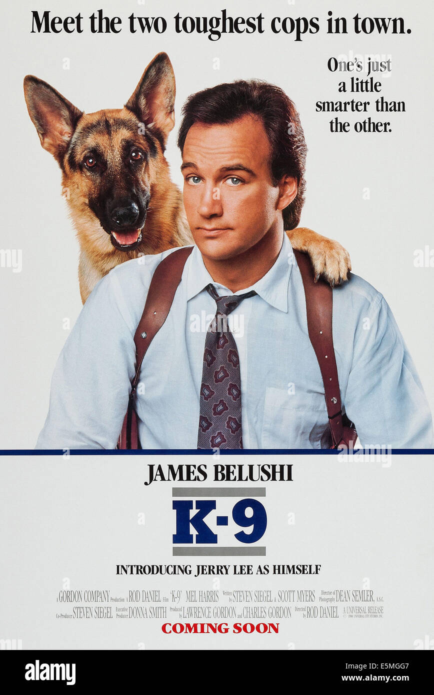 K-9, US anticipo locandina, da sinistra: Jerry Lee il cane, James Belushi, 1989. ©Universal Pictures/cortesia Everett Collection Foto Stock