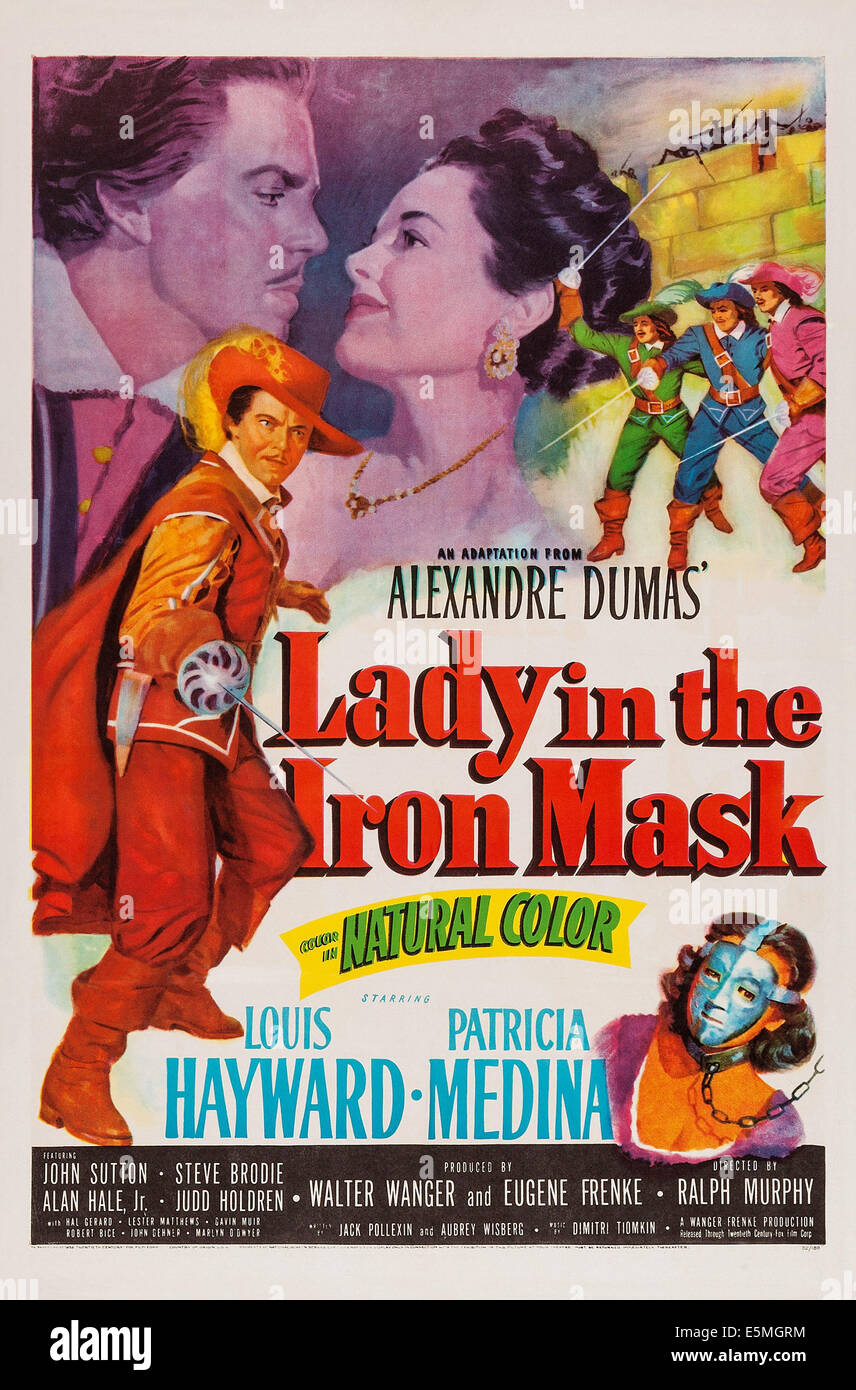 LADY NELLA MASCHERA DI FERRO, noi poster, parte superiore da sinistra: Louis Hayward, Patricia Medina, 1952. © 20th Century Fox, TM & Foto Stock