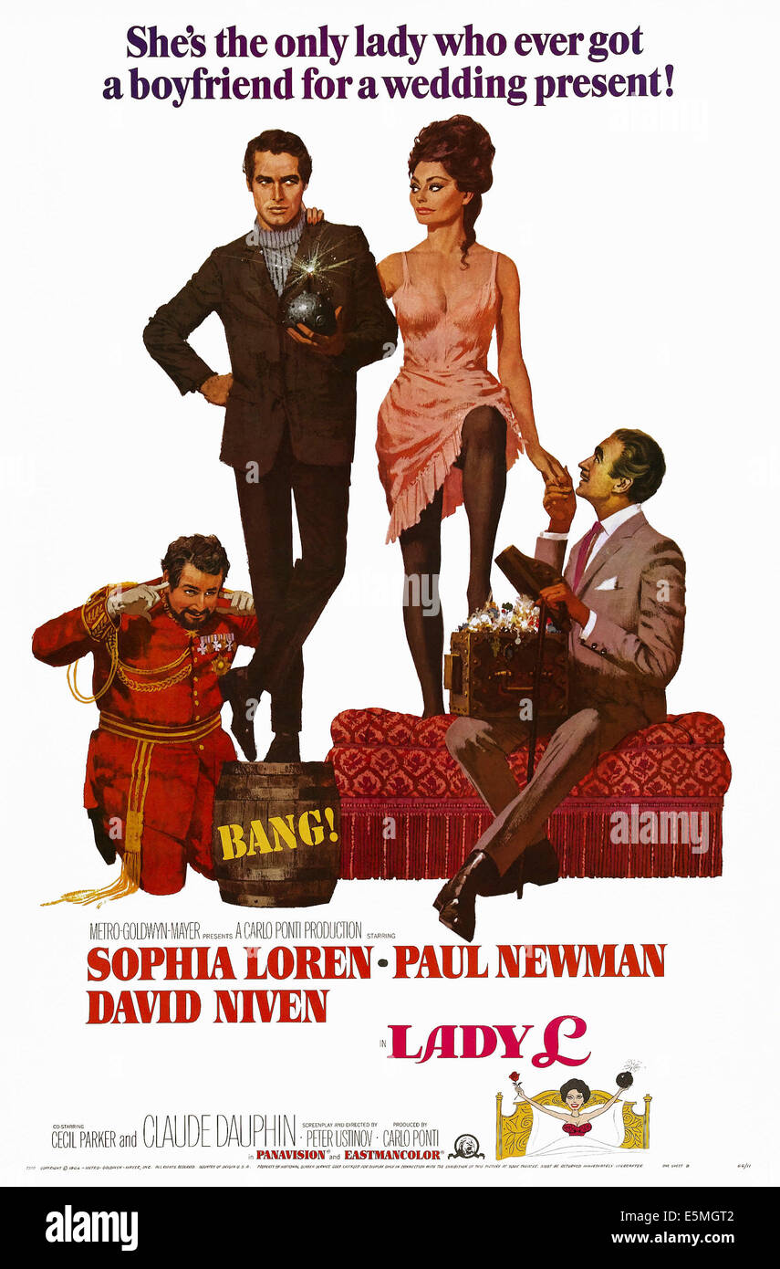 LADY L, noi locandina, da sinistra: Peter Ustinov, Paul Newman, Sophia Loren, David Niven, 1965 Foto Stock