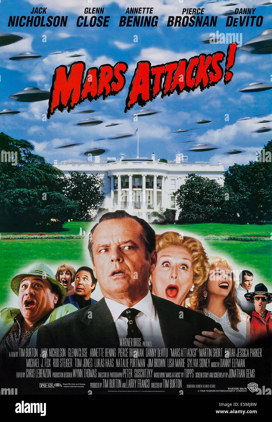 MARS Attacks!, noi locandina, da sinistra: Danny DeVito, Sarah Jessica Parker, Tom Jones, Jack Nicholson, Glenn Close, Annette Foto Stock