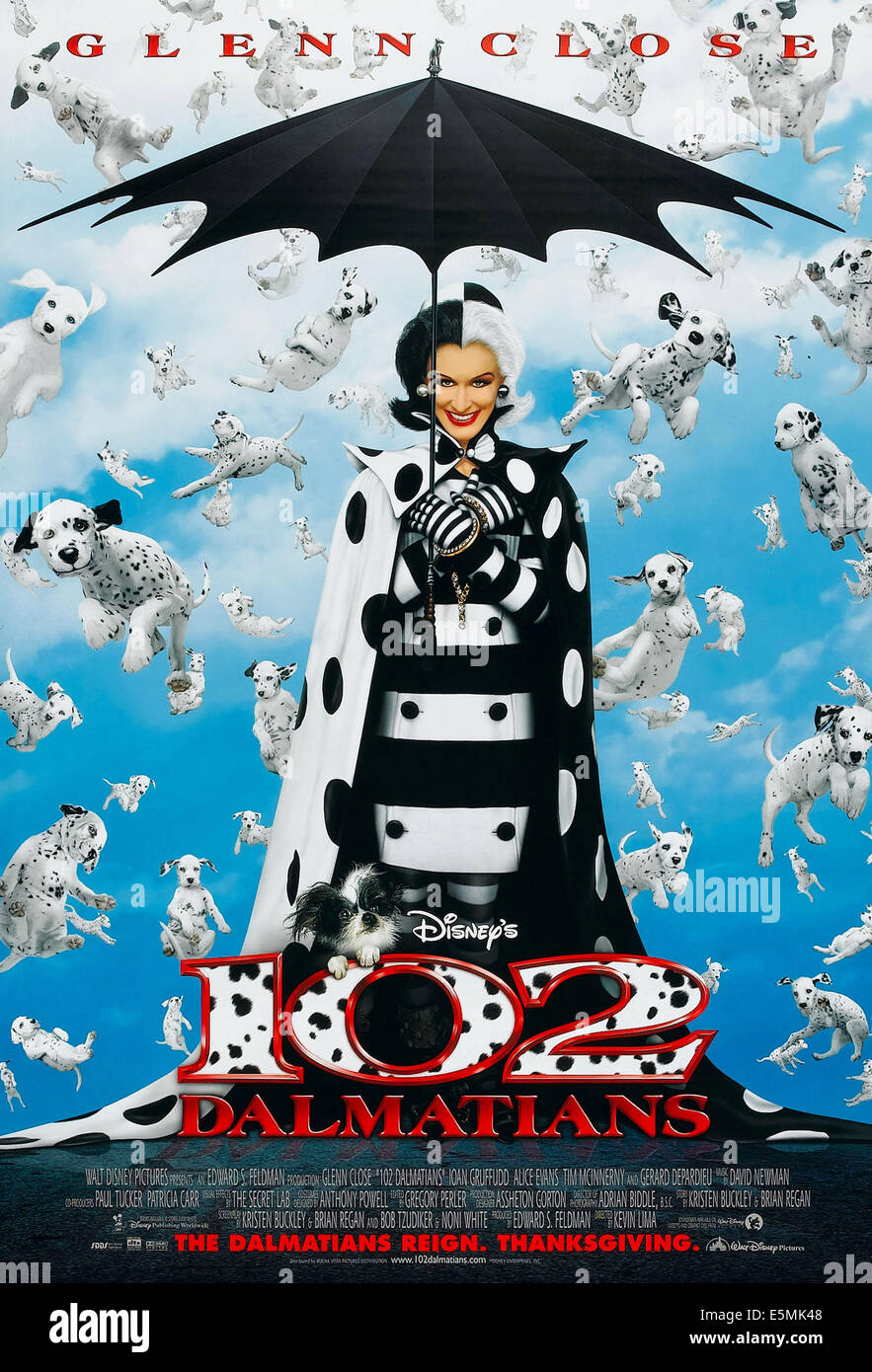 102 Dalmatians, (aka E UN CENTINAIO DI DUE DALMATIONS), US anticipo locandina, Glenn Close, 1996. © Buena Vista/cortesia Everett Foto Stock