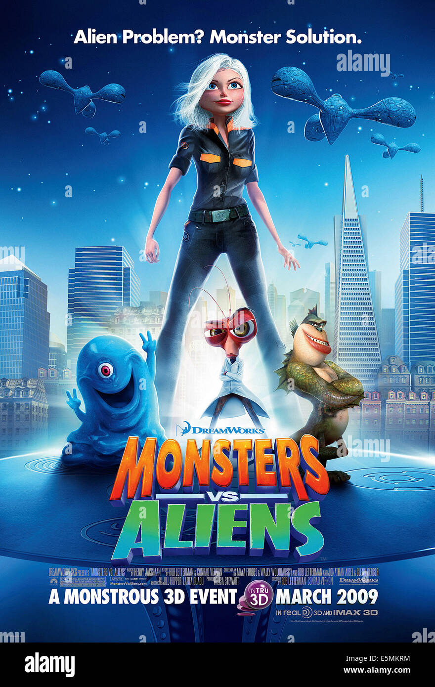 MONSTERS VS. Gli stranieri, da sinistra: B.O.B. (Voice: Seth Rogen), Ginormica (voice: Reese Witherspoon), il dottor scarafaggio di dottorato di ricerca (Voice: Foto Stock