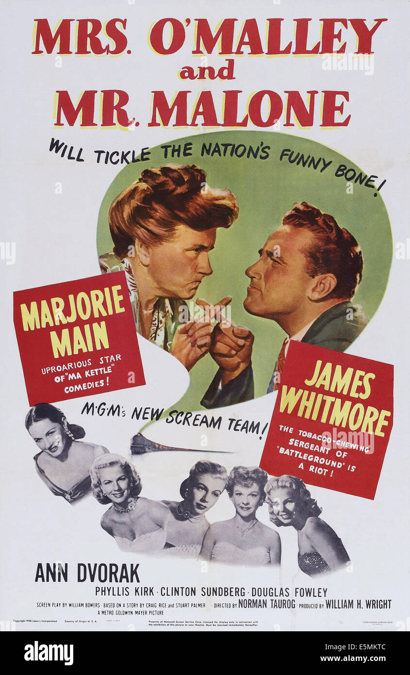 MRS. O'Malley e il sig. MALONE, noi poster, parte superiore da sinistra: Marjorie Main, James Whitmore; in basso a sinistra: Ann Dvorak; al centro in basso: Foto Stock