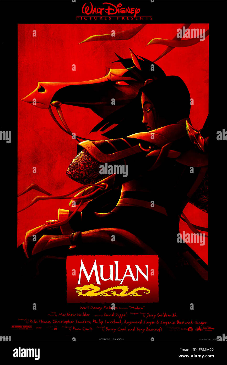 MULAN, noi locandina, Khan (cavallo, voice: Frank Welker), Mulan (voice: Ming-Na), 1998. ©Buena Vista foto/cortesia Everett Foto Stock