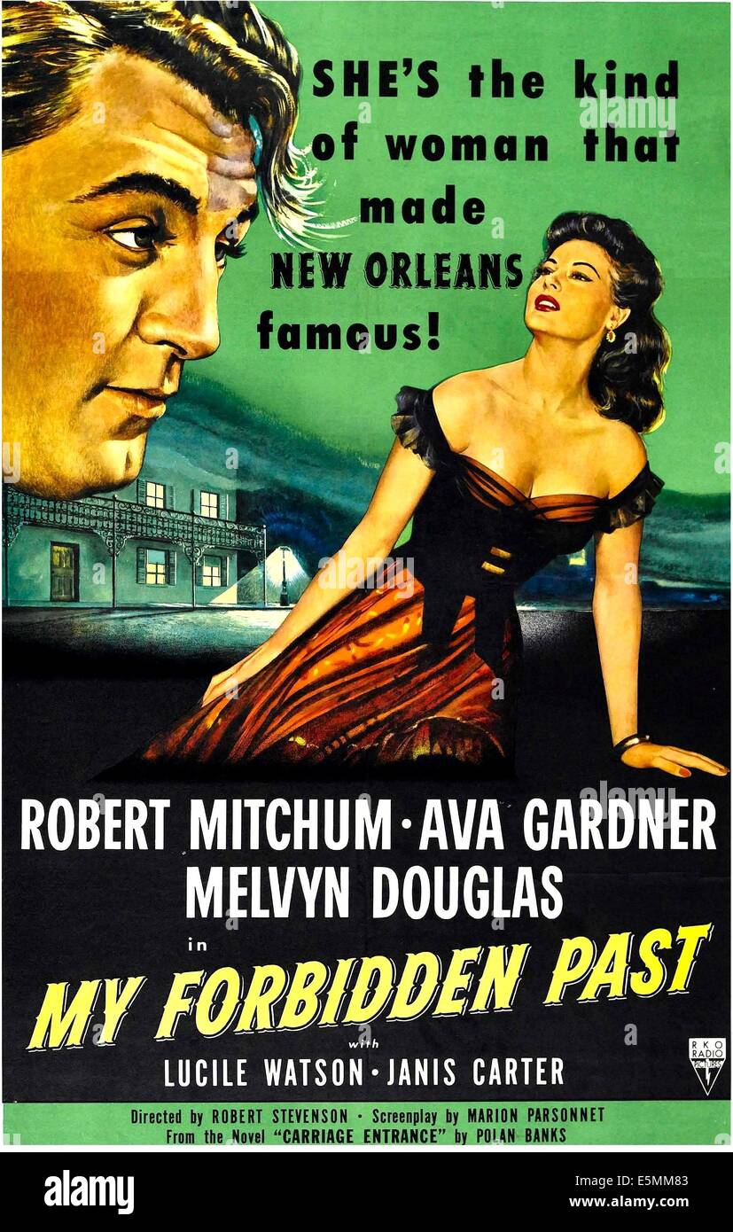 Il mio passato proibita, noi locandina, da sinistra Robert Mitchum, Ava Gardner, 1951. Foto Stock