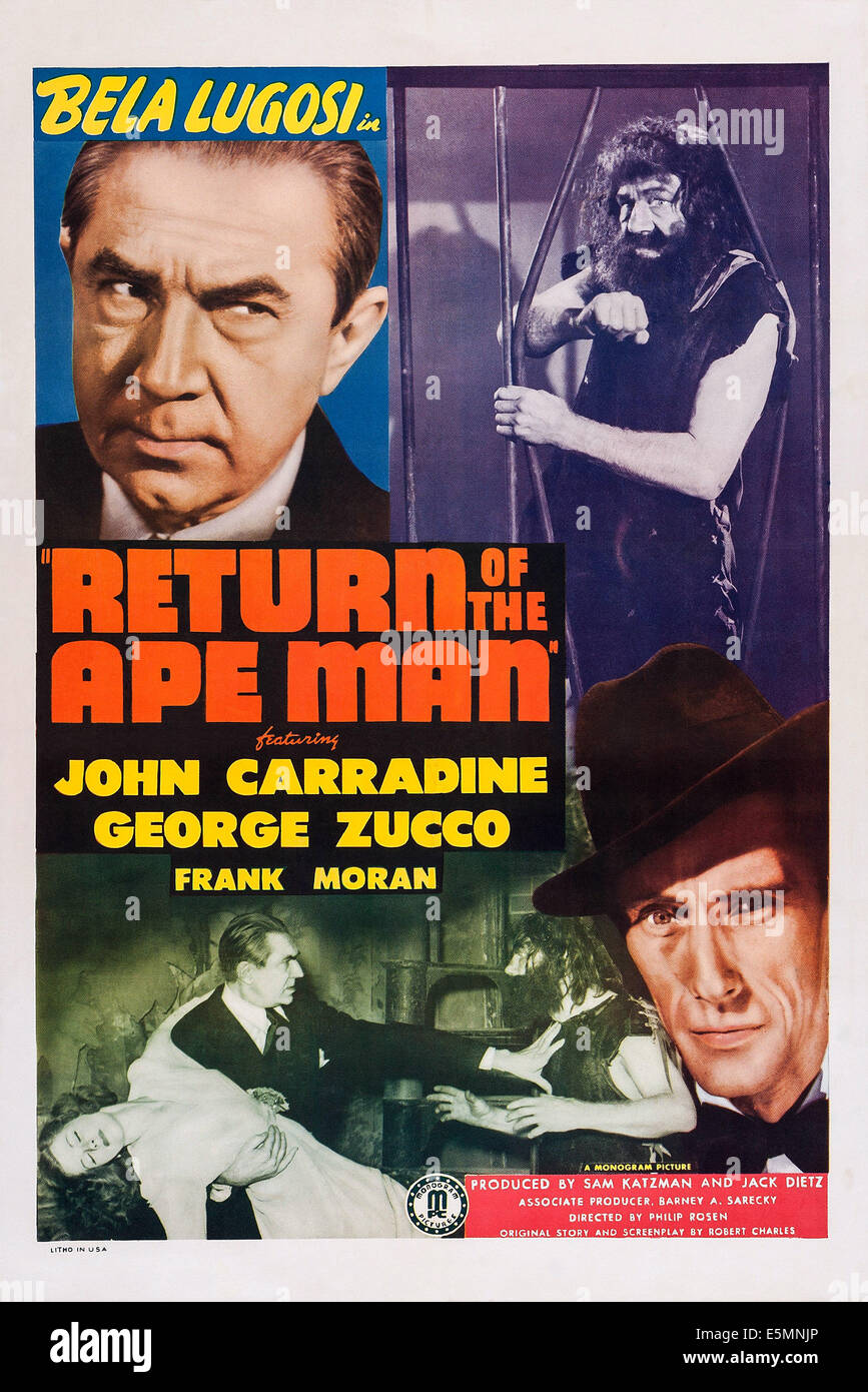 Il ritorno dell'APE MAN, noi poster, Bela Lugosi (in alto a sinistra), John Carradine (in basso a destra), 1944 Foto Stock