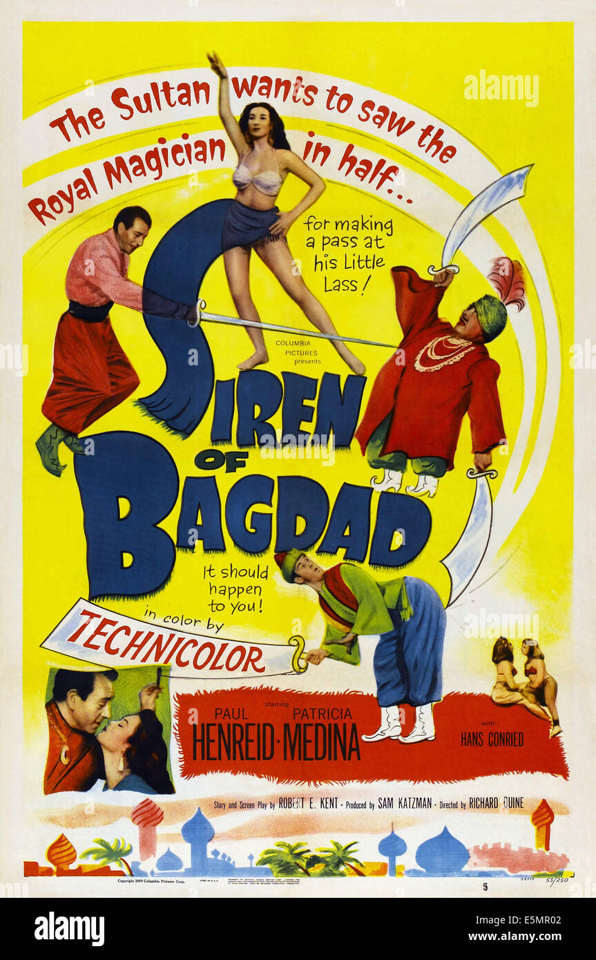 La sirena di Bagdad, l-r: Paul Henreid, Patricia Medina sulla locandina, 1953 Foto Stock