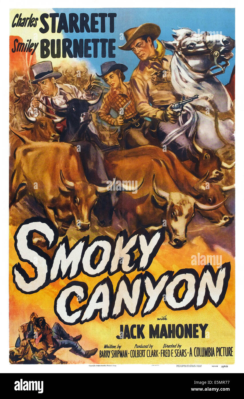 SMOKY CANYON, noi poster, da sinistra: Smiley Burnette, Danni Sue Nolan, Charles Starrett, 1952 Foto Stock