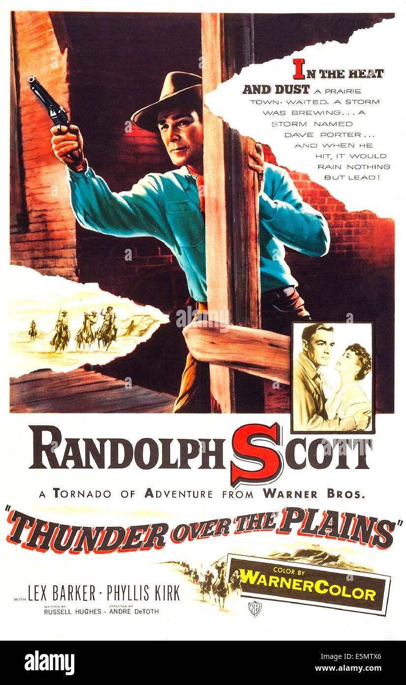 Il tuono sulle pianure, noi locandina, Centro:Randoplh Scott,inserire: Randolph Scott, Phyllis Kirk, 1953. Foto Stock