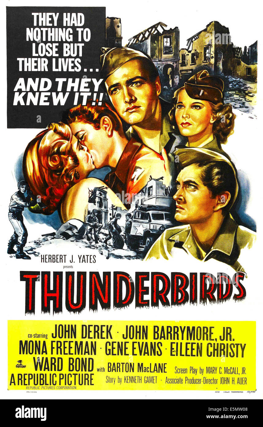 THUNDERBIRDS, l-r: Mona Freeman, John Drew Barrymore, John Derek, Mona Freeman, sulla locandina, 1952. Foto Stock