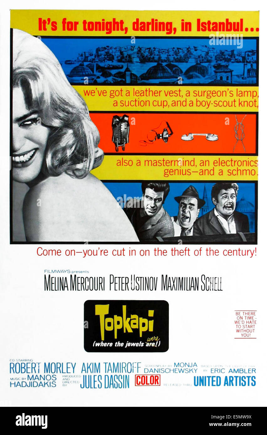 Il Topkapi, noi locandina, da sinistra: Melina Mercouri, Maximilian Schell, Robert Morley, Peter Ustinov, 1964 Foto Stock