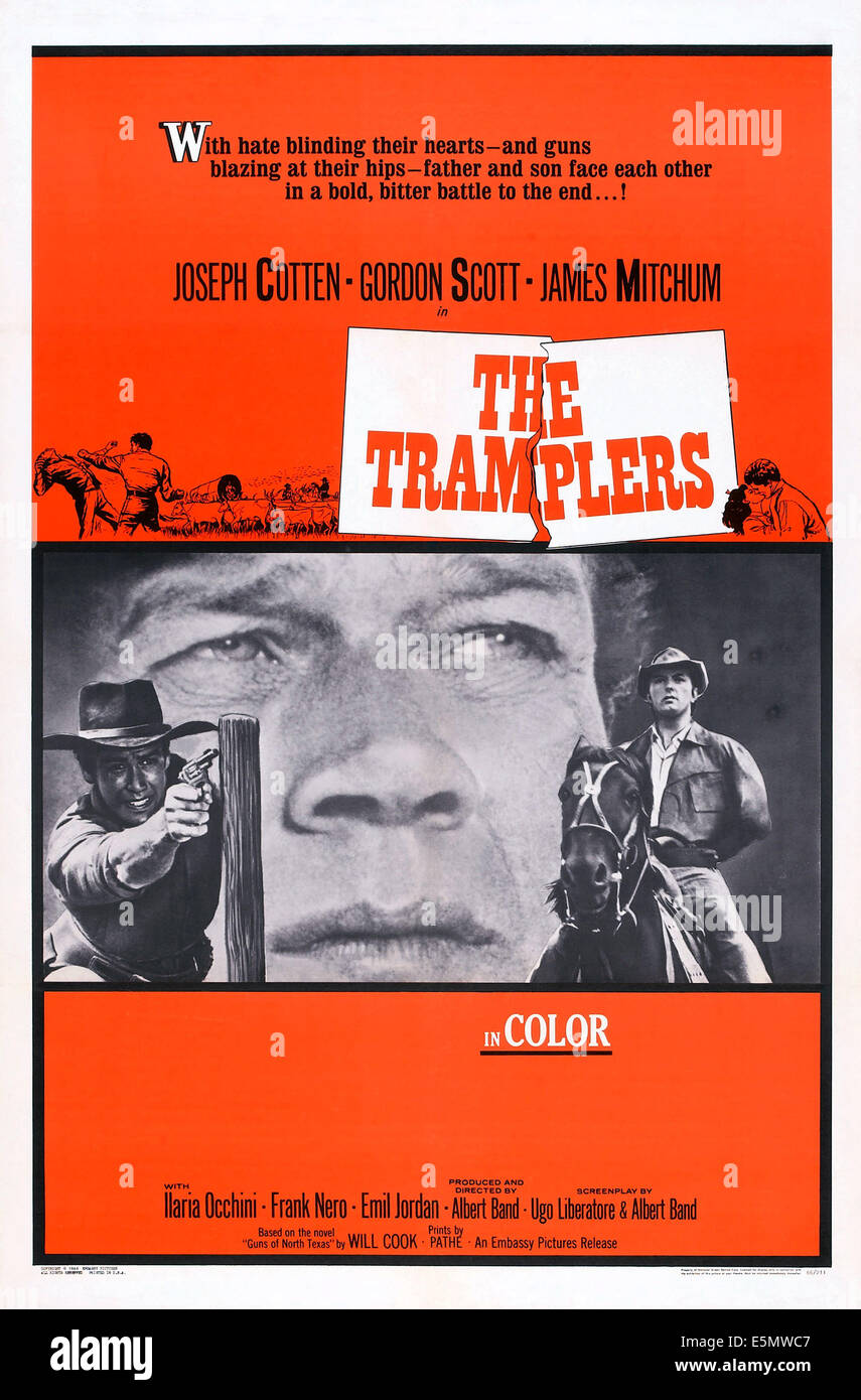 Il TRAMPLERS, (aka GLI UOMINI DAL PASSO PESANTE), US poster, da sinistra: Gordon Scott, Joseph Cotten, James Mitchum, 1965 Foto Stock