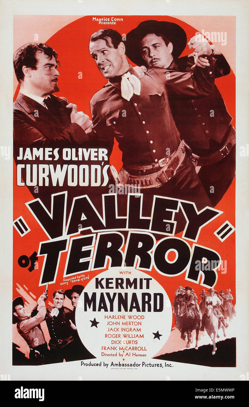 Valle del terrore, l-r: Giovanni Merton, Kermit Maynard, Dick Curtis, inferiore: Kermit Maynard, Dick Curtis sulla locandina, 1937. Foto Stock