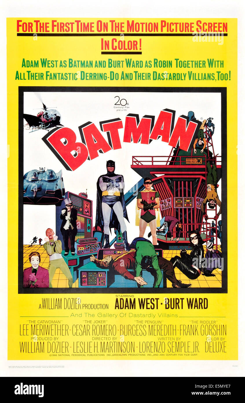 BATMAN (aka BATMAN: THE MOVIE), US poster, da sinistra: Cesar Romero, Frank Gorshin, Burgess Meredith, Adam West, Burt Ward, Lee Foto Stock