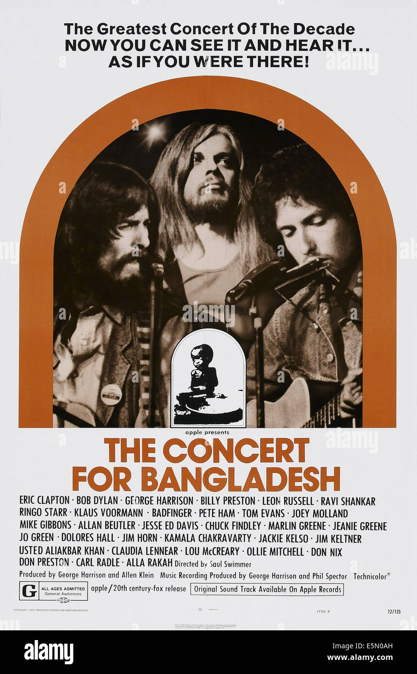 Il concerto per il Bangladesh, noi locandina, da sinistra: George Harrison, Leon Russell, Bob Dylan, 1972 Foto Stock