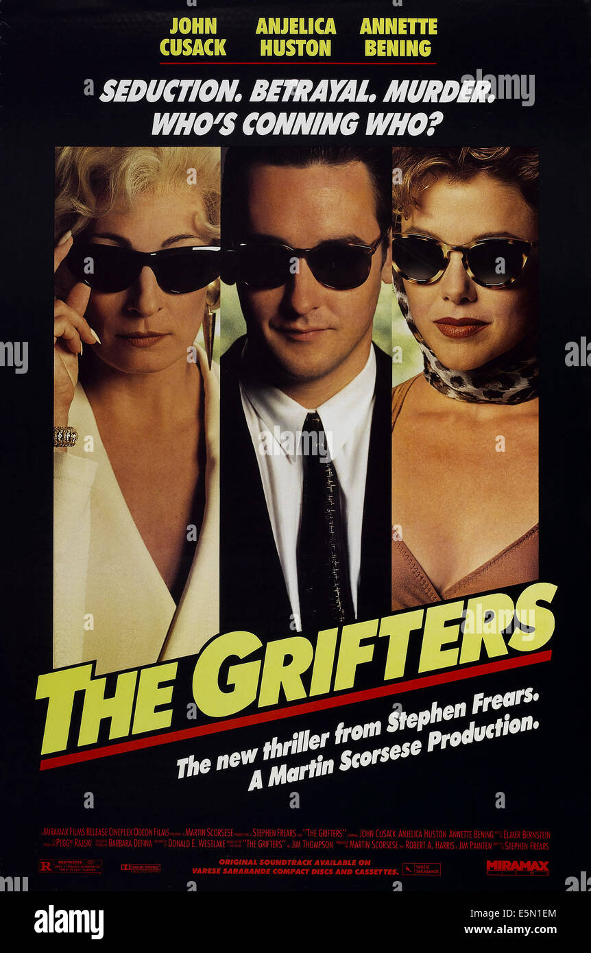 THE GRIFTERS, noi locandina, da sinistra: Anjelica Huston John Cusack, Annette Bening, 1990. ©Miramax Films/cortesia Everett Foto Stock