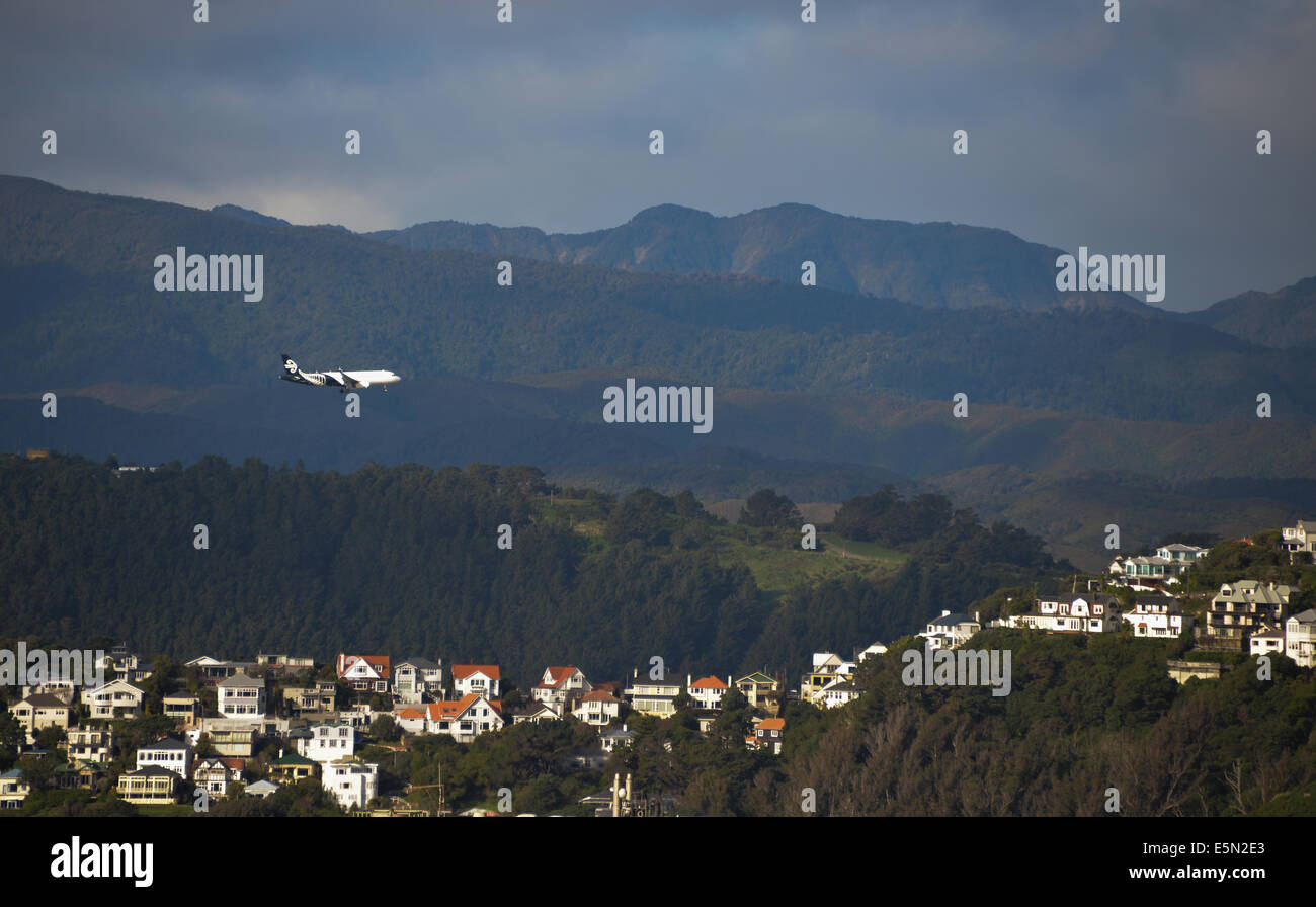 Aereo in volo dall'Aeroporto di Wellington con le colline circondano Wellington in vista di sfondo Foto Stock